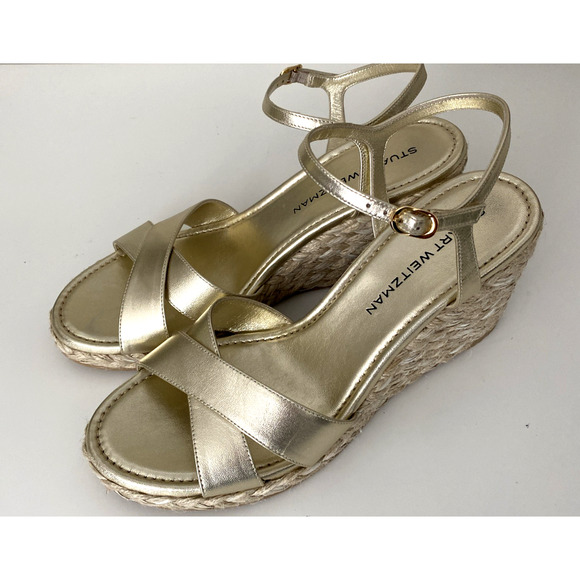 Stuart Weitzman Dayna Espadrille Wedge Sandal Leather Light Gold Natural 10.5 B - Picture 4 of 10